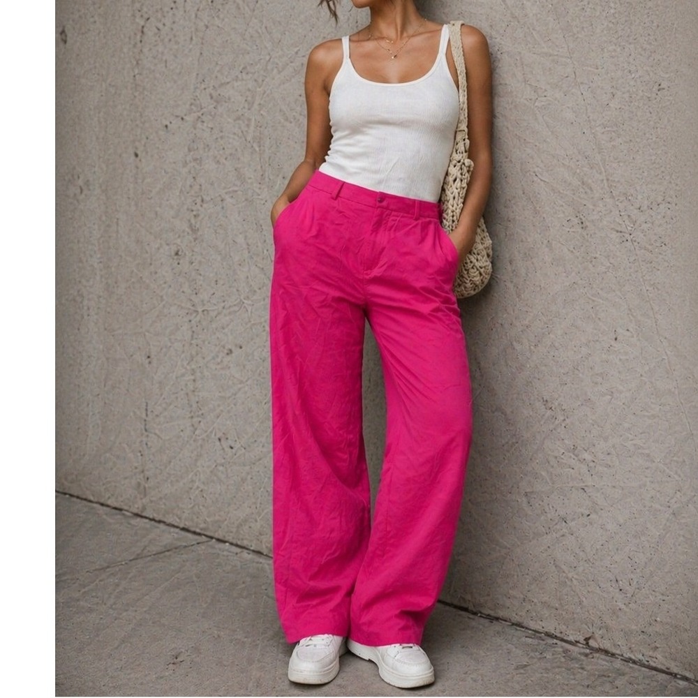 Catwalk Junkie Pants Womens Large Pink Liz Wide Leg Linen Barbiecore Trousers